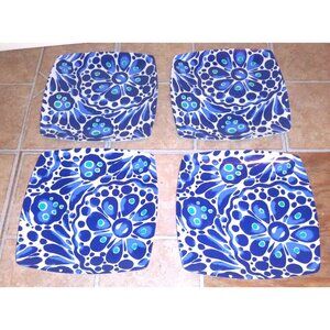 4 Melamine Dinner/appetizer Plates SQUARE blue white delft floral GORGEOUS EUC